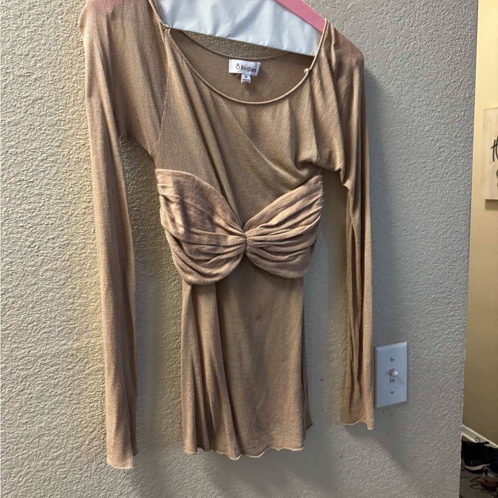 Tan Ruched Long Sleeve Bodysuit with Tie Front